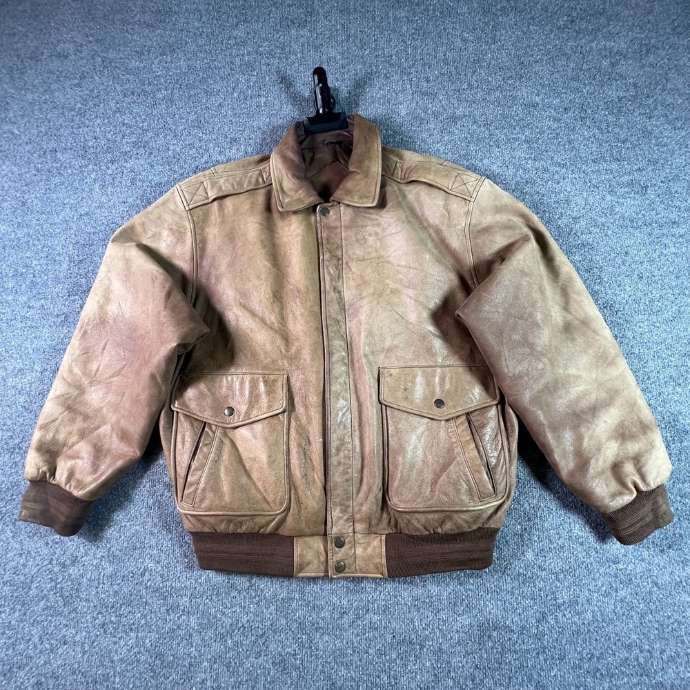 VTG Roundtree & Yorke Bomber Jacket Mens L Brown Leather Full Zip Map Lining A2